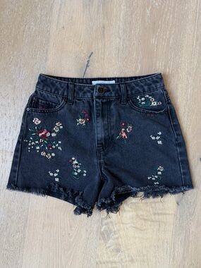 Source Unknown Black Embroidered Floral Denim Shorts